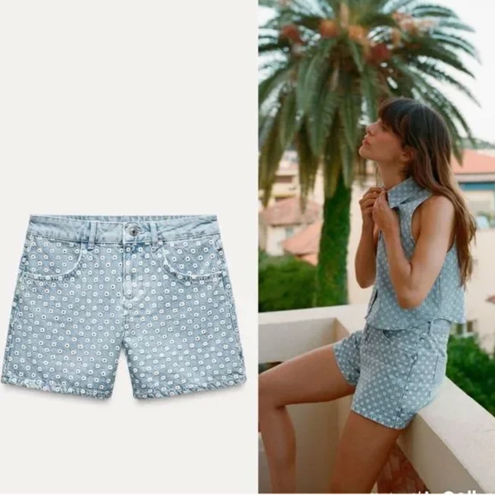Zara Light Blue Floral Denim High-Waist Shorts size 6